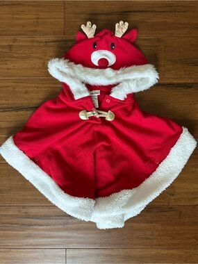 Little Lass Red Hooded Reindeer Cape Christmas with White Faux Fur Trim